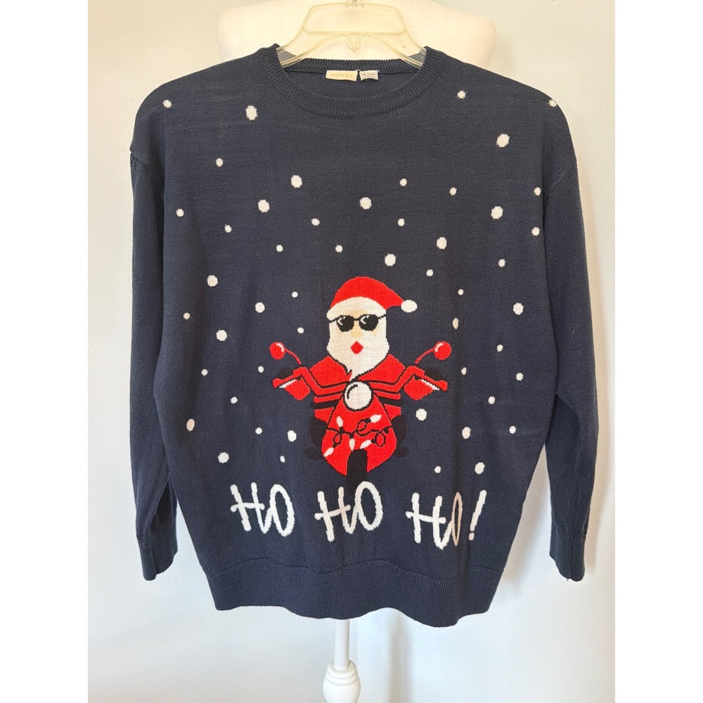 Esmara Navy Blue Santa on Motorcycle Holiday Sweater Mens Medium 8/10 RN150529